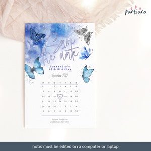 Biglietti d'auguri per ragazze adolescenti, stampabili, modello digitale modificabile, modello blu reale e argento, modello Save the Date per la festa di compleanno P617