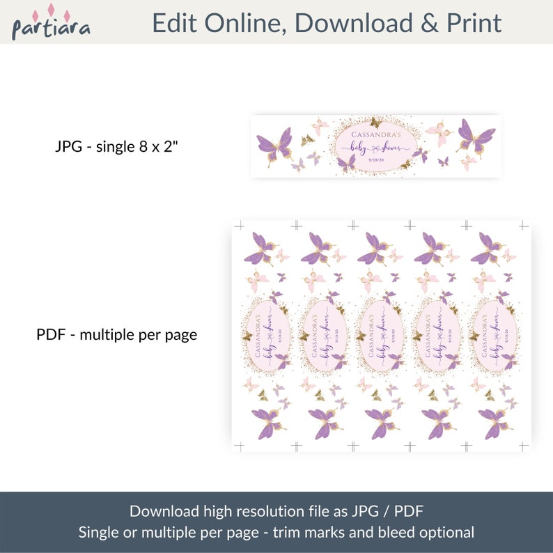 Pink Butterfly Label Butterfly Water Label Template, Girl Baby Shower Party Editable Labels ...