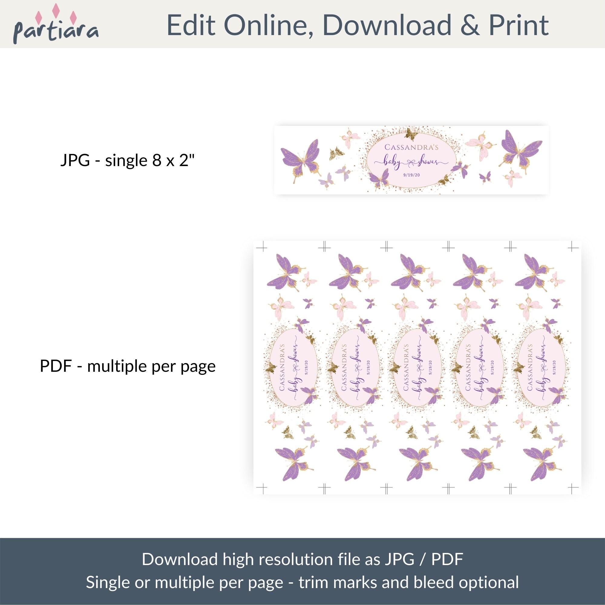 Butterfly Water Label Template, Girl Baby Shower Party Editable Labels ...