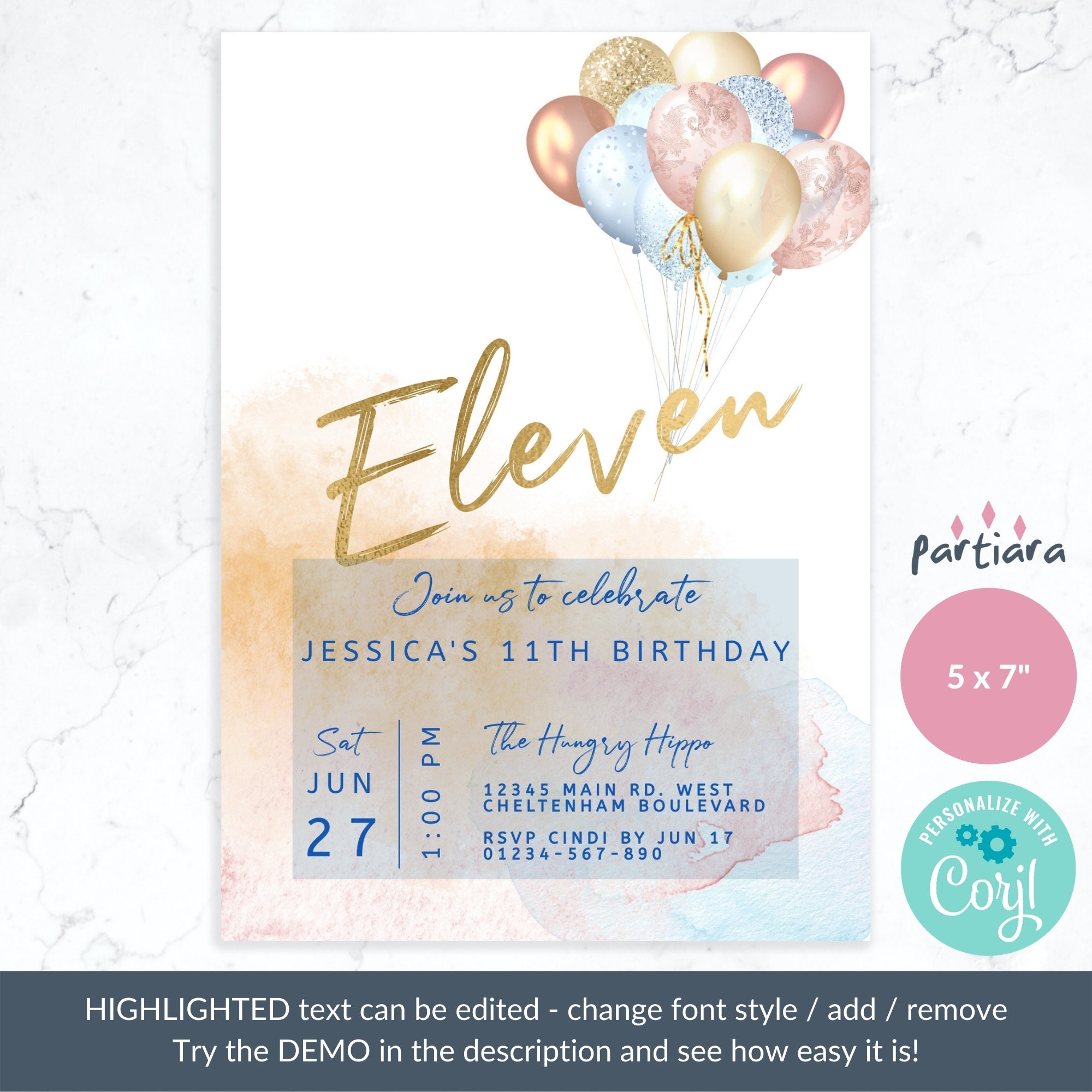 11th Birthday Invitation Printable Girl Party Balloons - Etsy