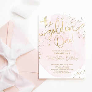 Golden 1st Birthday Invitation Girls The Golden One Party Invite Printable Blush Pink Gold Sprinkles Editable Digital  Template P132 P249