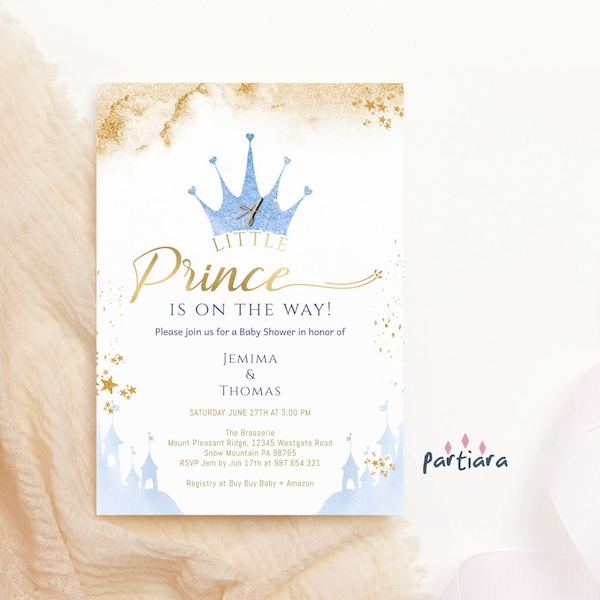 Blue Prince Baby Shower Invitation, Fairytale Castle Invite Editable Template,Boy Baby Sprinkle Party Invites, Pastel Gold Crown P137