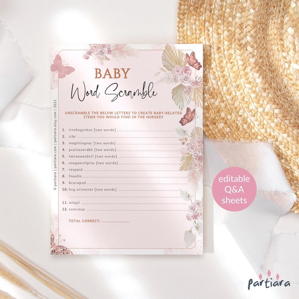 Baby Butterfly Word Scramble Game Girl Baby Shower Bohemian Party Games Printable Rose Gold Butterflies Pampas Editable Download P171