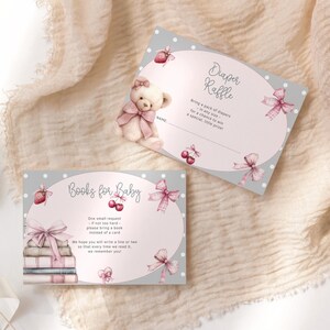 Verhalenboek Babyshower Game Card-inzetstukken, meisjes Nieuw hoofdstuk begint Luierloterij Boeken voor babykaarten Afdrukbare roze teddystrik, bewerkbaar P885