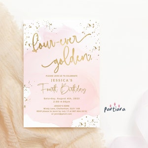 Fourever Golden Invite 4th Birthday Party Invitation Girl&#39;s Lucky Golden Invites Printable Blush Pink Gold Pastel Editable Download P458