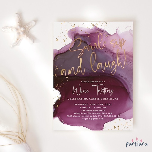 Editable Wine Tasting Party Invite Template Maroon Purple Gold Invitation Printable for Men or Ladies Events Digital Download P132 P230