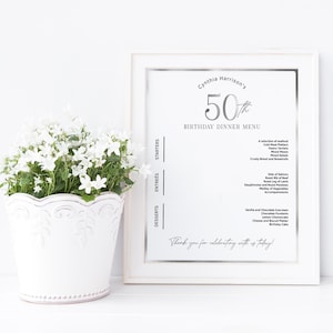 Szablon menu na 50. urodziny, srebrne menu na 50. rocznicę ślubu do wydrukowania, edytowalne cyfrowe pobieranie 8x10 znak stołu bufetowego P853