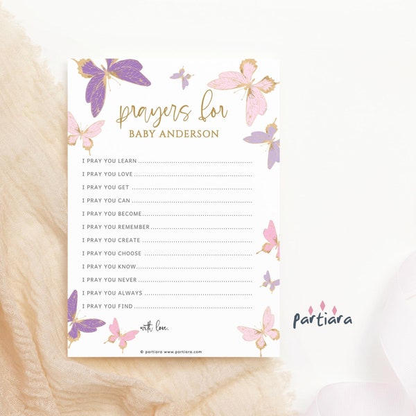 Prayers for Baby Girl Editable Butterfly Baby Shower Party Activity Keepsake Printable Download Template Pink Lilac Gold Decor P6 P345