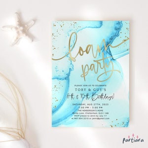 Schaum Party Einladung Geburtstag Pool und Blasen lädt Junge oder Mädchen Geschwister lädt Karte Printable Sky Blue Gold Bearbeitbare Download P296