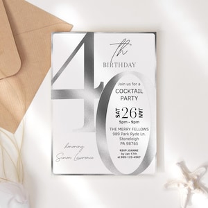 Modelo de convite prateado para 40º aniversário, convite para evento de 40 anos para impressão, cartão elegante todo branco, download digital editável P853