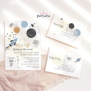Space Baby Shower Invitation Set, Boys Rocket Reach for the Moon Invite Printable, Sun Moon and Stars Decor, Editable Template Download P166
