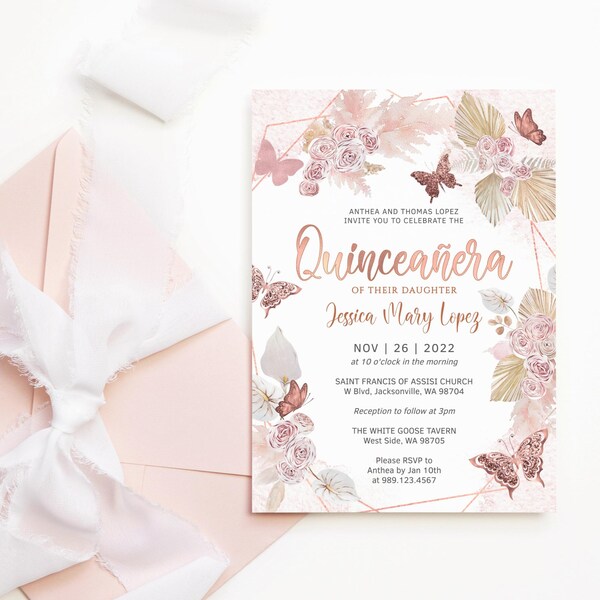 Rose Gold Butterfly Quinceanera Invitation Printable Bohemian Pampas Grass Floral Blush Pink Pastel Decor Editable Template Download P171
