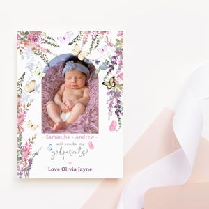 Carte Serez-vous mes parrains et marraines, cartes de proposition de baptême de bébés filles, modèle Photo modifiable de fleurs sauvages papillon floral en téléchargement numérique P256
