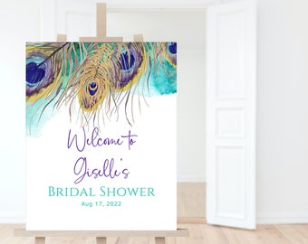 Bridal Shower Sign Peacock Welcome Poster Decor Printable Emerald Green Purple Gold Ladies Birthday Dinner Party Sign Editable Download P83