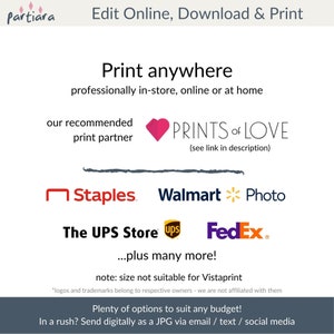 May include: A graphic with the text "Print anywhere" and a list of popular print retailers including Staples, Walmart, The UPS Store, FedEx, and more. The text "our recommended print partner" is next to a pink heart with the text "PRINTS of LOVE" and the text "(see link in description)".