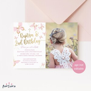 Faire-part de baptême 2e anniversaire, modèle d'Invitation fête papillon rose filles, carte photo modifiable, téléchargement numérique P293