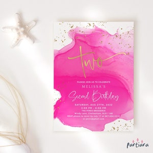 Faire-part pour 2e anniversaire des filles, princesse ayant deux ans, modèle d'invitation fête mignon or rose vif, carte P200 modifiable en téléchargement numérique