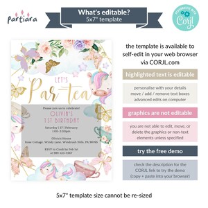 Unicorn Birthday Tea Party Invite 1st Birthday Invitation Printable Pastel Girls Floral Butterfly Theme Pink Lilac Gold Decor Editable P634 image 2