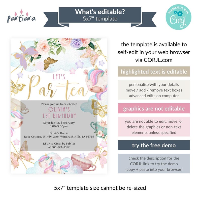Unicorn Birthday Tea Party Invite 1st Birthday Invitation Printable Pastel Girls Floral Butterfly Theme Pink Lilac Gold Decor Editable P634 image 2