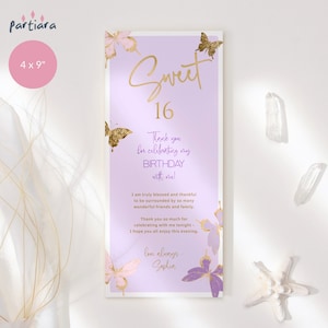 Sweet 16 bedankkaart plaat decor afdrukbaar, meisje lila vlinder etentje tafel notitiekaarten, bewerkbare digitale downloadsjabloon P345