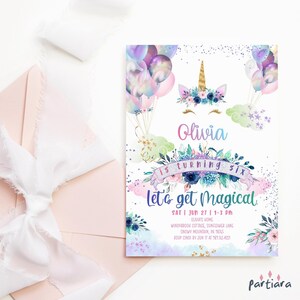 Unicorn Invite Birthday Party Invitations Girls Magical Pink Purple Floral Gold Decoration Printable Editable Digital Download Template P146