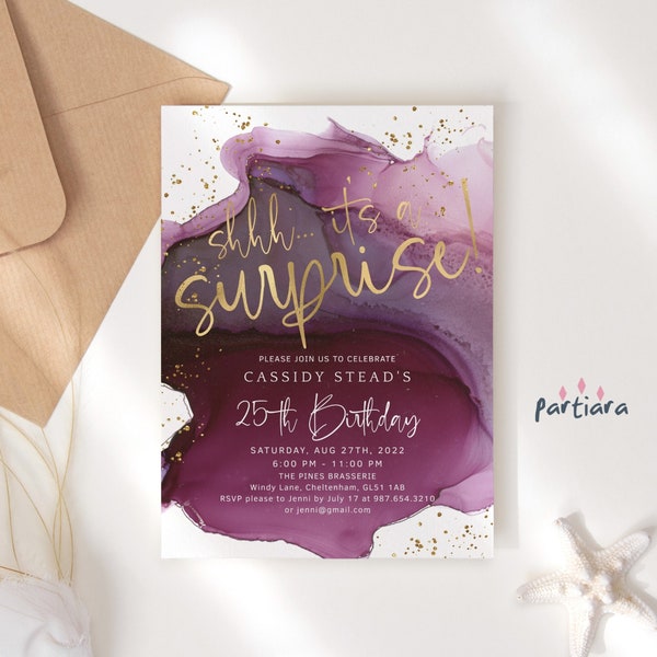 Surprise Birthday Invitation Digital Download, 30th 40th 50th 60th Printable Maroon Gold P230