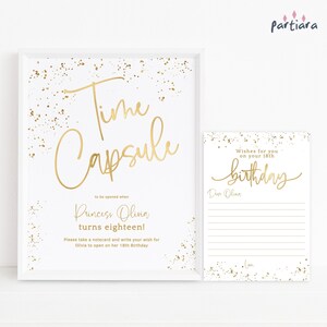 Peut inclure: Une pancarte dorée à paillettes avec l'inscription "Time Capsule" et "à ouvrir quand la princesse Olivia aura dix-huit ans !" Une carte séparée avec des paillettes dorées indique "Vœux pour votre 18e anniversaire" et comporte des lignes pour écrire.