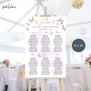 Meisje verjaardag zitplaatsen grafiek vlinder sjabloon, babyshower vlinders zitplaatsen teken afdrukbare, paarse doop tafelplan, bewerkbare P438