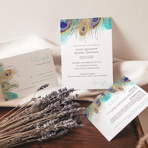 Juego de invitaciones de pavo real, paquete de invitaciones con plumas de pavo real para recepción de bodas, plantilla de descarga digital editable e imprimible P83