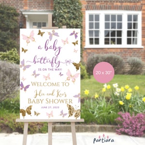 Girl Baby Shower Welcome Sign, A Baby Butterfly is on the Way Party Welcome Poster Decor Printable, Pink Purple Editable Template P345