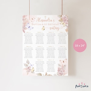 Boho zitplaatsen tabelsjabloon, meisje doop stoelen tafelplan afdrukbaar, dames verjaardag zitplaatsen bord roze bloemen pampa vlinder decor P171
