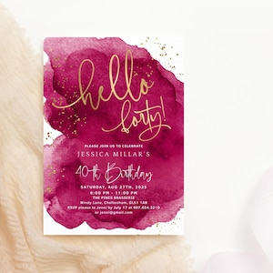 Rot 40. Geburtstagseinladung für Damen, Hallo Vierzig Dinner Party Einladen Vorlage Druckbare Bearbeitbare Digital Download Karte P362
