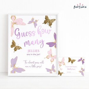 Butterfly Guess How Many Baby Shower Game Sign and Notecard Set Printable, How Many Kisses in the Jar Candy Games, Editable, Pink Lilac P345