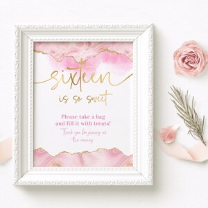 Sweet 16 Birthday Favor Zeichen Mädchen 16. Geburtstag Party Sweet behandelt Poster Dekor Printable Candy Pink Gold Achat Bearbeitbar Download P488