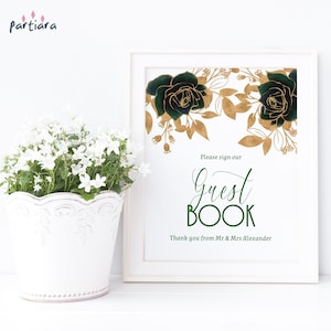Emerald Guestbook Sign, Quinceanera Birthday Guest Book Table Poster Printable, Green Gold Decor, Editable Digital Download P193
