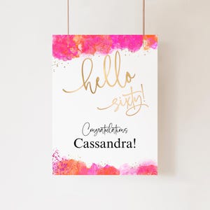 60th Birthday Welcome Sign, Hello Sixty Dinner Party Welcome Poster Printable, Tropical Hot Pink Orange Decor, 18x24 Editable Template P200