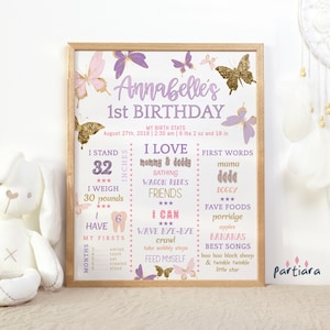 Tableau des jalons papillon 1er anniversaire fête signe imprimable, affiche de statistiques de naissance filles première année, décoration rose violet, modèle modifiable P345