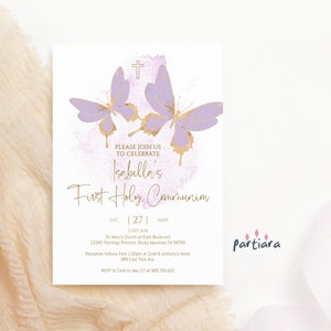 Faire-part de communion pour filles, première communion, carte de fête papillon violet imprimable modifiable en téléchargement numérique modèle P438