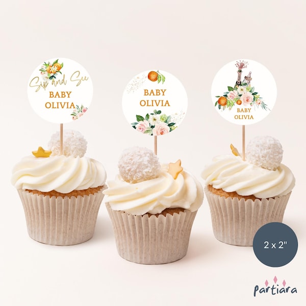 Baby Sip See Cake Toppers Decor Printable Girl Citrus Pink Floral Elegant Cupcake Circles Editable Orange Gold Editable Download P117