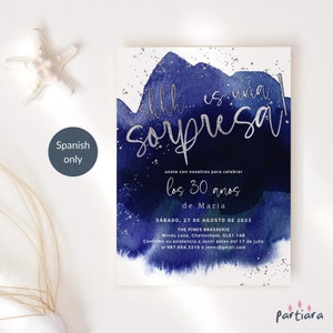 Spanish Surprise Party Invitation Template, Birthday Surprise Invite Card Printable, Men or Ladies Events, Royal Blue Silver, Editable P584