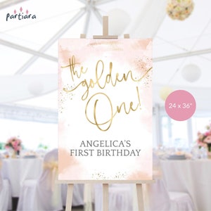 Golden 1st Birthday Sign Template, Welcome First Birthday Poster Printable for Girls, Pastel Pink Decor, Editable Digital Download P249