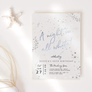 A Night in All White Invitation Christmas Party Invites Printable Holiday Birthday Invite Ladies Digital Download Silver Stars Decor P245
