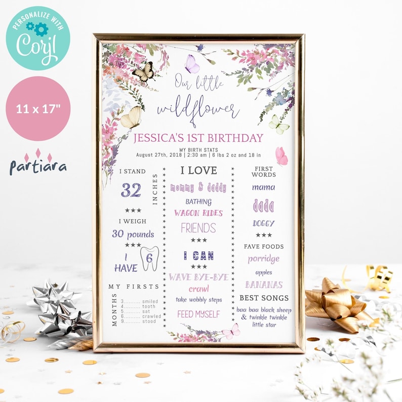 May include: A framed print with a gold border, featuring floral and butterfly illustrations. The print includes the text "Our little wildflower" and details for "Jessica's 1st Birthday," including height of 32 inches and weight of 30 pounds.