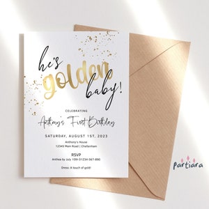 Boy Golden 1st Birthday Invite He's Golden Invitation Confetti Sprinkles Tea Party Printable Editable Digital Download Template