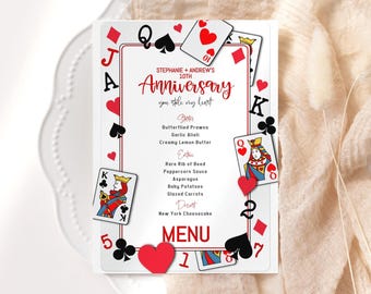 May include: A red and black playing card themed menu for a 10th anniversary celebration. The menu features the text "STEPHANIE + ANDREW'S 10th Anniversary you stole my heart" and lists the menu items: Starts, Enter, and Disint. The menu is decorated with playing card symbols and images.