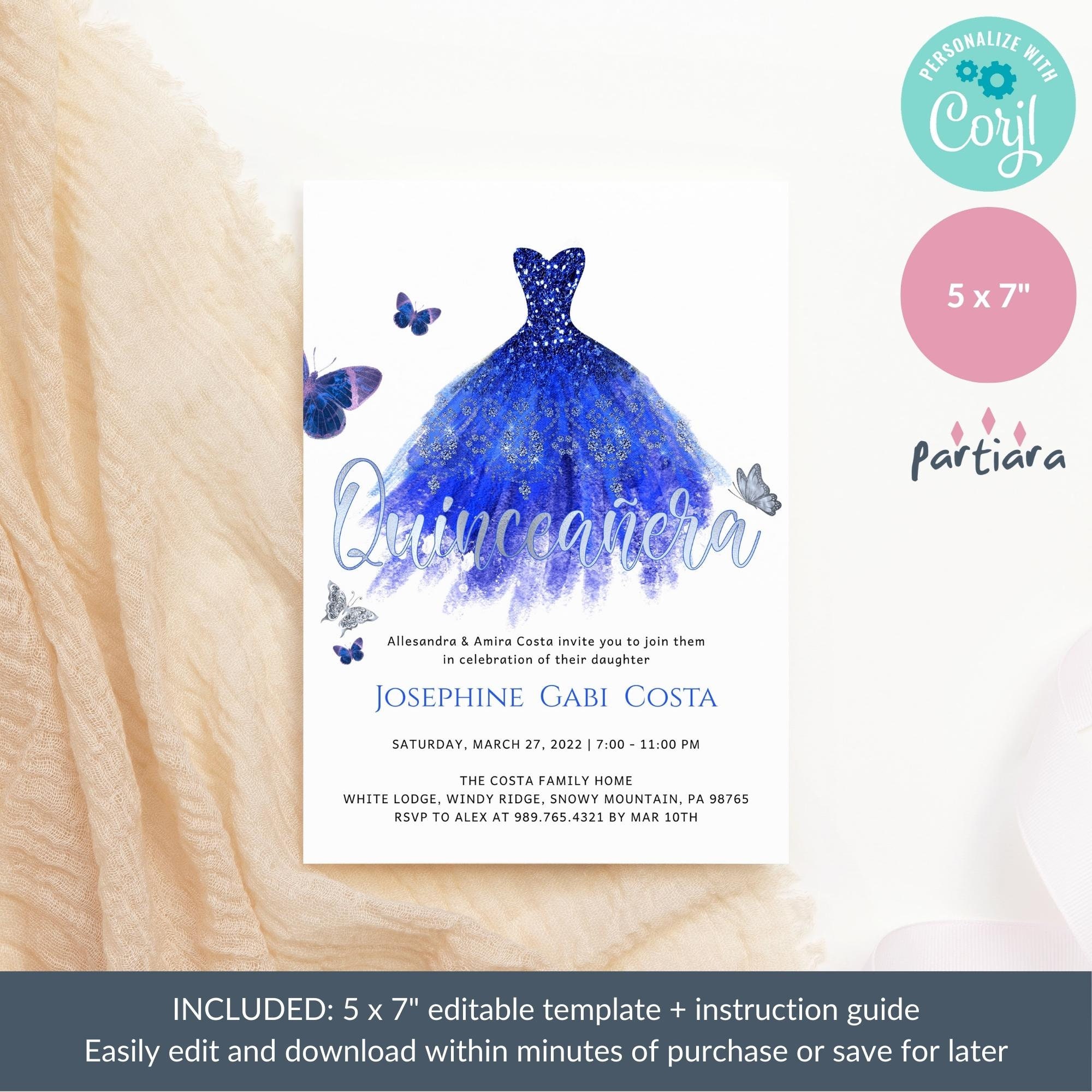 Royal Blue Floral Quinceañera Invitation, Printable