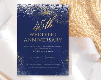 45th Wedding Anniversary Invite Printable Dinner Party Invitation Editable Digital Download Template Navy Blue Silver Gold Decor P698