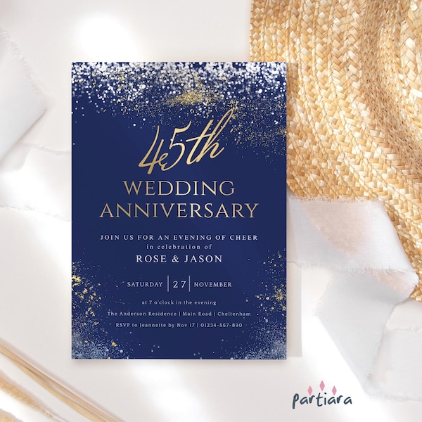 45th Wedding Anniversary Invite Printable Dinner Party Invitation Editable Digital Download Template Navy Blue Silver Gold Decor P698