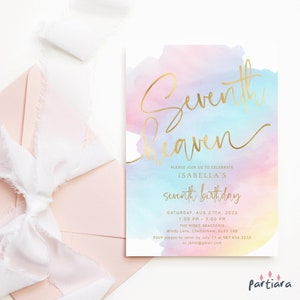 Girl 7th Birthday Invite Rainbow Party Invitations Printable Seventh Heaven Pink Tea Party Invites Editable Template Digital Download P179