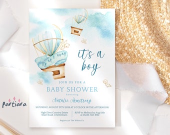 Hot Air Balloon Baby Shower Invitation Printable, Pastel Blue Boys Party Invite Editable Template, Rustic Up Up Away It's a Boy Download P59